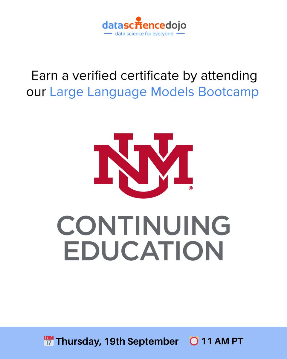 DataScienceDojo's tweet photo. π Join us for our Large Language Models Bootcamp Information Session on September 19th and take the first step toward earning a prestigious certificate from the University of New Mexico!
RSVP now: https://t.co/iF3MemlSVG
#llmbootcamp #llm #ml #ai #generativeai #unm https://t.co/i16fq96rcH