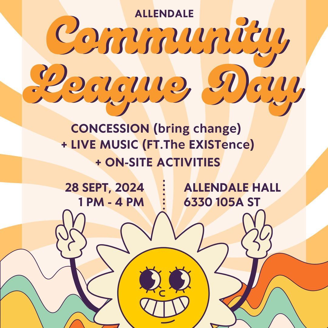 The Allendale Community League Day is on Sat. Sept. 28, 1PM-4PM. Get your membership card, enjoy treats from the concession, listen to live music (ft. The EXISTence), and meet with neighbours!
Concession + band => bring your change!
#yeg #communityleagueday #allendaleyeg