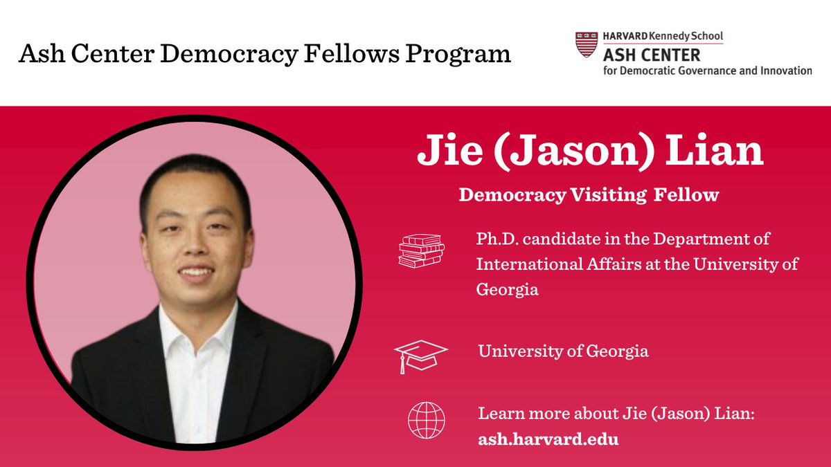 The Ash Center is excited to welcome Jie (Jason) Lian to the Democracy Visiting Fellows cohort! Jason’s core research focuses on civil resistance, protests, and human security.

Learn more about Jason here ⤵️
ash.harvard.edu/people/jie-lia…