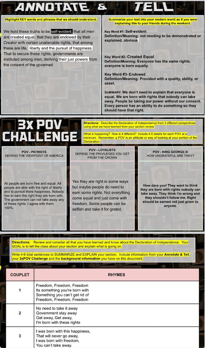 DHelmEDU's tweet photo. Another great day with some pretty amazing people!!  We talked about the Declaration, connected it to the enlightenment and set up tomorrow’s intro to the constitution.  
✅Annotate and Tell
✅3xPOV
✅Retell and Rhyme 
A couple groups got to AI produce their songs.
#eduprotocols https://t.co/Fu6LuEM6gM