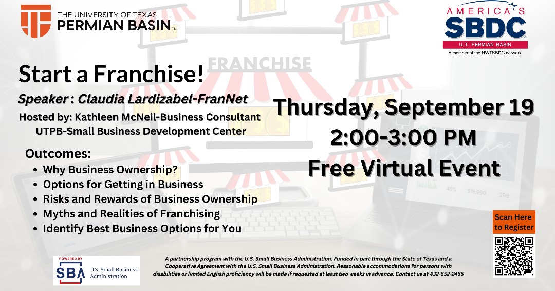 Join us for a FREE VIRTUAL event on how to start your own franchise.  Get the inside scoop on building a profitable business model. 
When: Thur, Sept 19, from 2-3 PM
Sign up here: nwtsbdc.ecenterdirect.com/events/16474