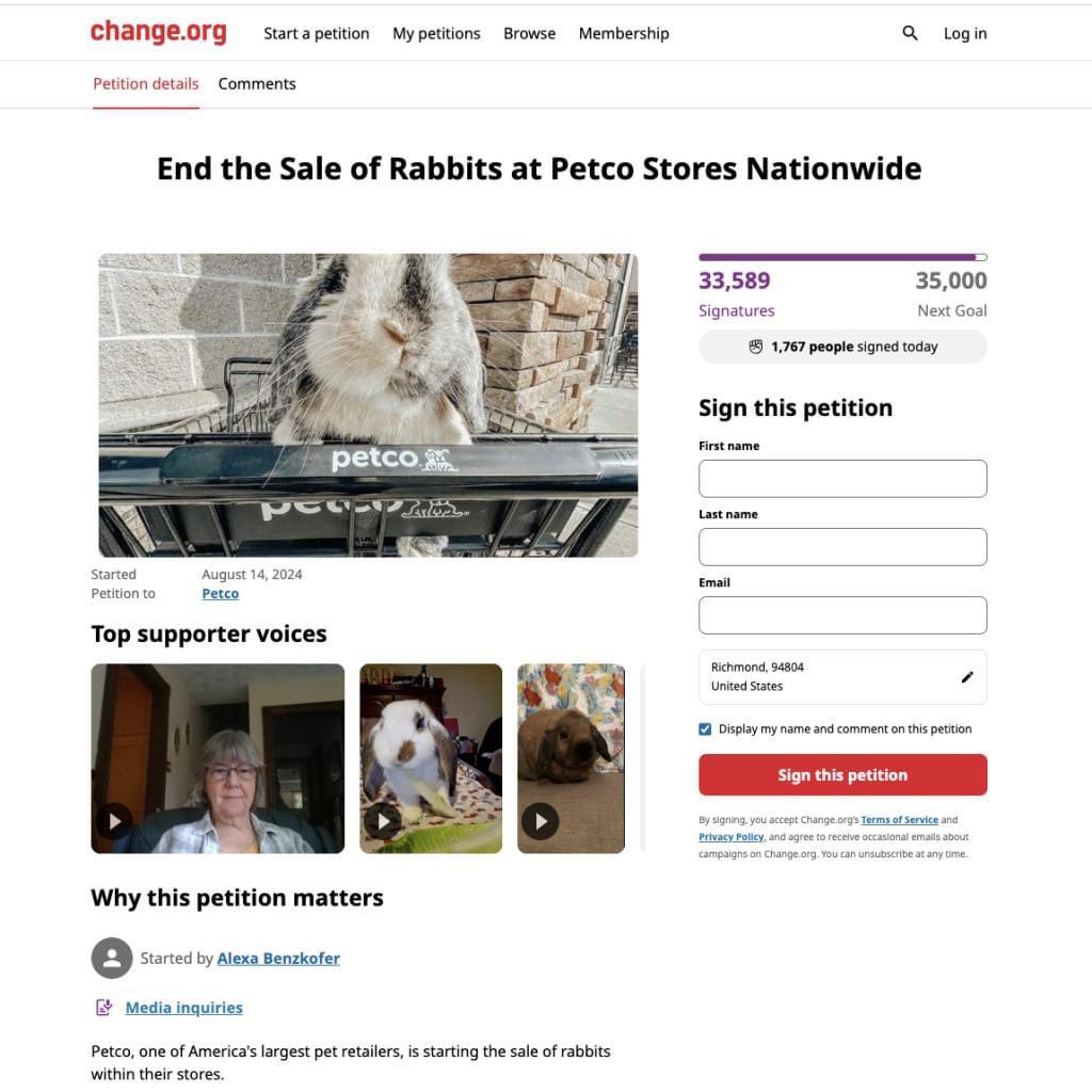 House Rabbit Society calls on its members and the public to contact Petco and let them know that their decision to begin selling rabbits again is detrimental to rabbits everywhere in the United States. 

Sign the petition now: change.org/p/end-the-sale… 🧵