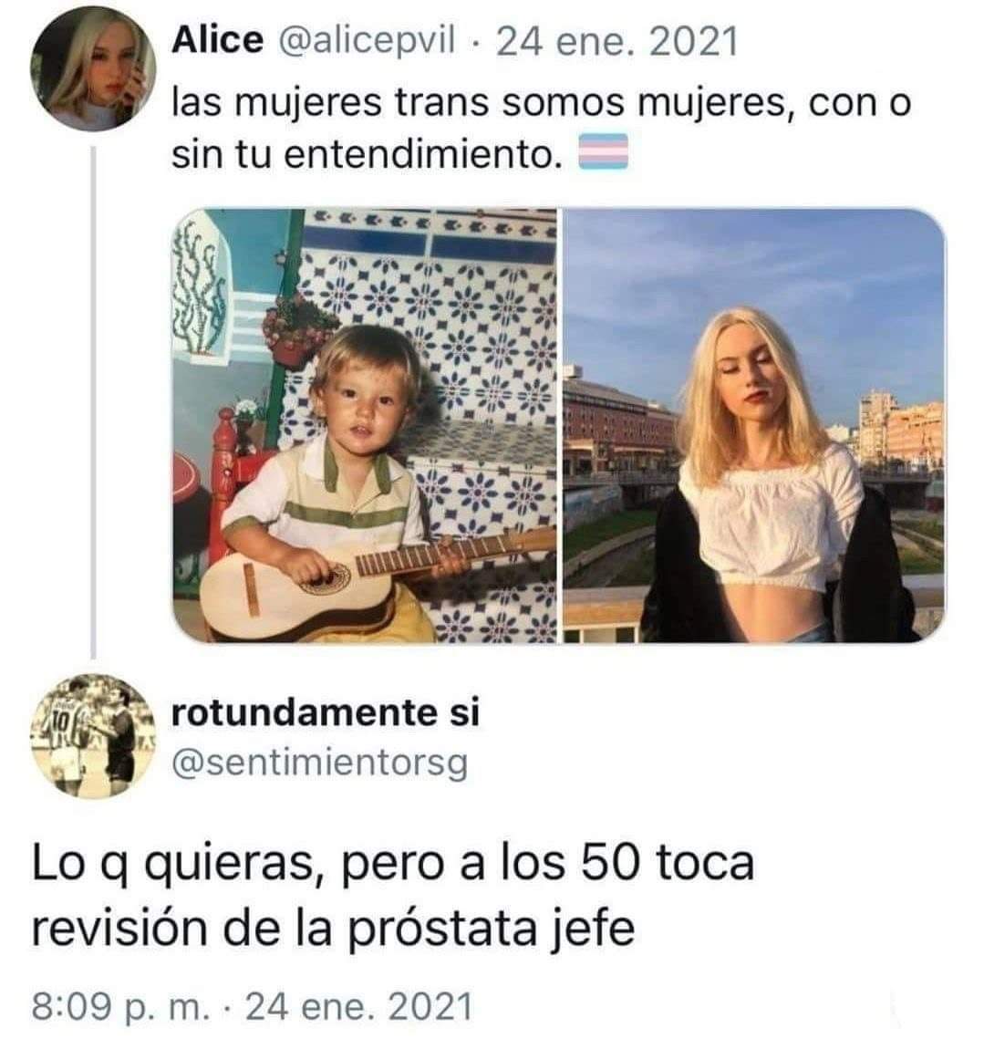 🚨I 🏳️‍⚧️ #TRANS | #Papeadas A los 50 toca jefe 💀

Levanta la mano ✋ si tú también estás de acuerdo que las mujeres trans son hombres y los hombres trans son mujeres. Solo hay dos sexos, hombre y mujer. No existen géneros ideológicos.