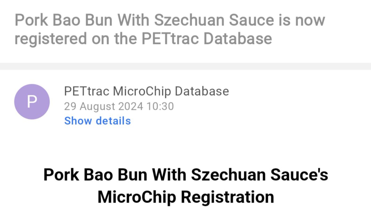clarrieanne's tweet photo. Hello.
My name is Bao.
Today, I got registered and chipped at the vets as 'Pork Bao Bun With Szechuan Sauce'.
Thank you. https://t.co/Ga7Gv7v5Sa
