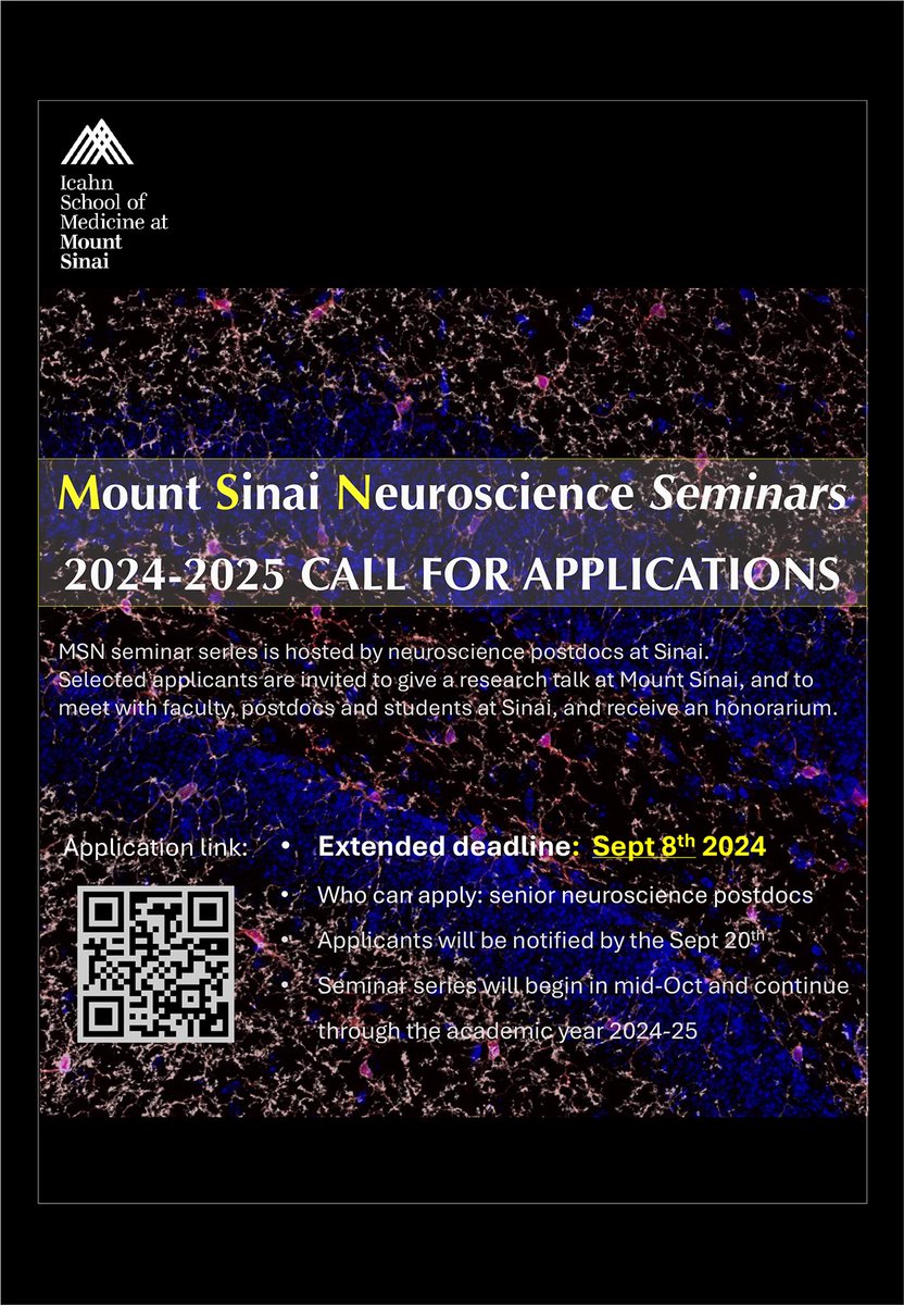 SinaiBrain's tweet photo. #MSNseminars APPLICATION DEADLINE EXTENDED | NOW Sept 8!Senior postdocs in all fields of #neuroscience, especially from URM backgrounds, encouraged to apply for INCREDIBLE OPPORTUNITY to share your research, visit Mount Sinai &amp; meet w/ faculty/trainees! 👉 https://t.co/Ip11dxEonc https://t.co/3Zel1pOvxy