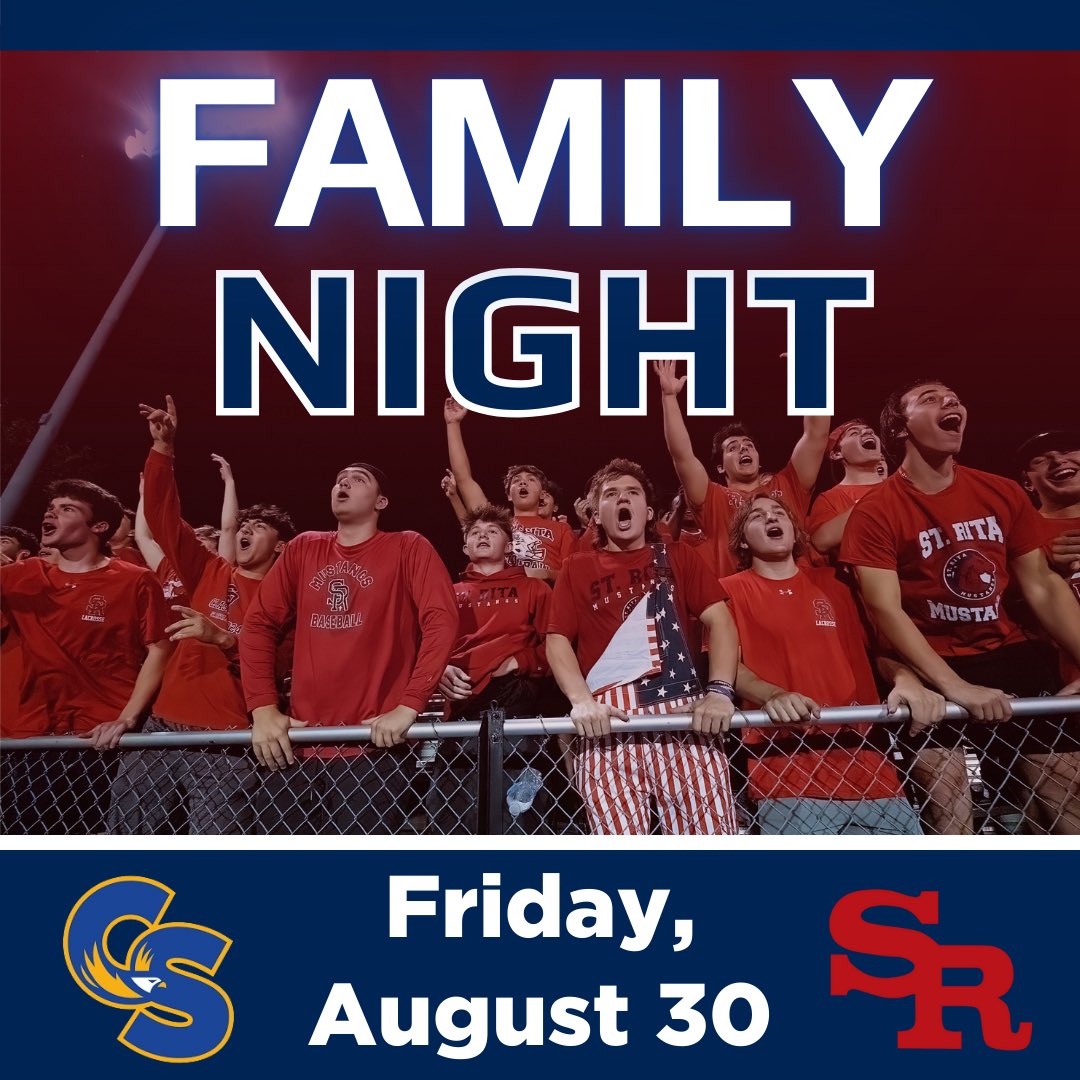 We invite our St. Rita Community out to our Family Night starting at 4:30 PM on the McCarthy Center Patio for some family friendly activities! 🏈🎊

Afterwards, all SR Families are invited to kick off the 2024-25 football season with us as our Mustangs take on Carl Sandburg!