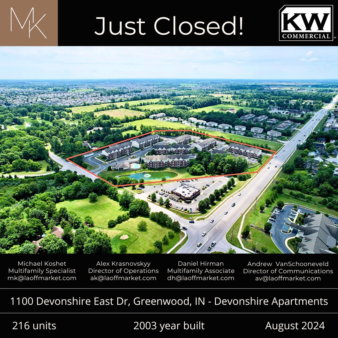 MrKoshet's tweet image. LAoffmarket of KW Commercial is pleased to announce the sale of Devonshire Apartments, a 216 unit Multifamily community in the heart of Greenwood submarket of Indianapolis, IN. 
#Indianapolis #Indiana #Devonshire #RealEstate #MichaelKoshet #OffMarket #KellerWilliams