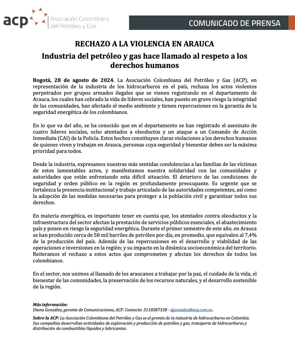 ACP_Colombia's tweet photo. #ComunicadoACP
En la industria del petróleo y gas nos solidarizamos con el departamento de #Arauca por el deterioro de las condiciones de seguridad y orden público, y hace un llamado a las autoridades para que se protejan los derechos humanos de quienes viven y trabajan en la región. Lee el comunicado completo aquí