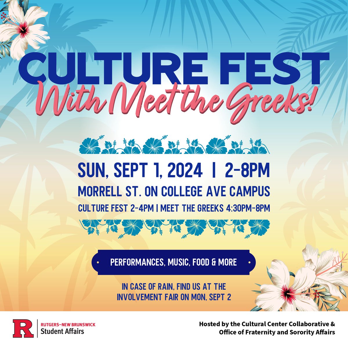 Kick off the Fall semester with a celebration of culture, performances, music, food, and more! Join Culture Fest on Sunday, Sept 1, 2024, from 2-8 PM at Morrell St. on the College Ave Campus.