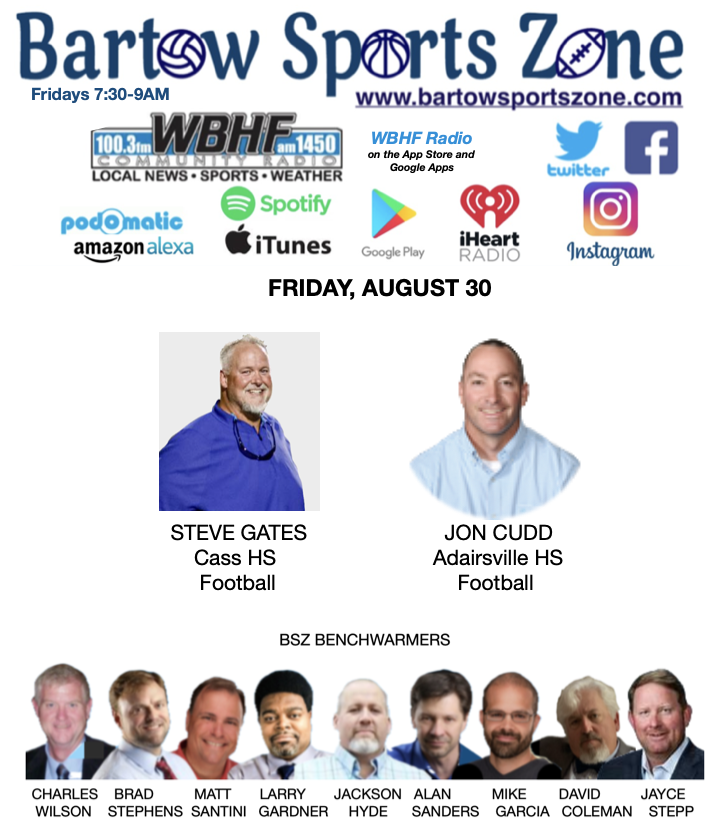 Bartow Sports Zone (@bartowsportszon) on Twitter photo Friday morning on <a href="/wbhfnews/">WBHF News</a>, it's the BSZ Show (7:30-9AM). <a href="/Gates_CassHC/">Steve Gates</a> of <a href="/CassFootball/">Cass Colonel Football</a> and <a href="/jonathan_cudd/">Jonathan Cudd</a> of <a href="/AHSTigerFB/">AHS Tiger Football</a> are the guests. Friday morning on <a href="/wbhfnews/">WBHF News</a>, it's the BSZ Show (7:30-9AM). <a href="/Gates_CassHC/">Steve Gates</a> of <a href="/CassFootball/">Cass Colonel Football</a> and <a href="/jonathan_cudd/">Jonathan Cudd</a> of <a href="/AHSTigerFB/">AHS Tiger Football</a> are the guests.