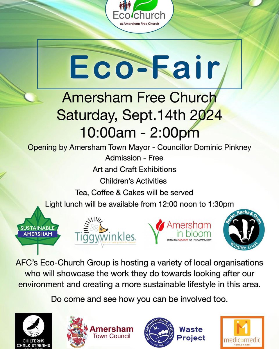 🍃 @SustainAmersham will be at the Eco Fair Sat 14 Sep at Amersham Free Church 10-2pm. Come along and find out more about what they do and meet some friendly faces from the Sustainable Amersham team plus lots of other local groups! #amershaminbloom #tiggywinkles @Chilternstreams