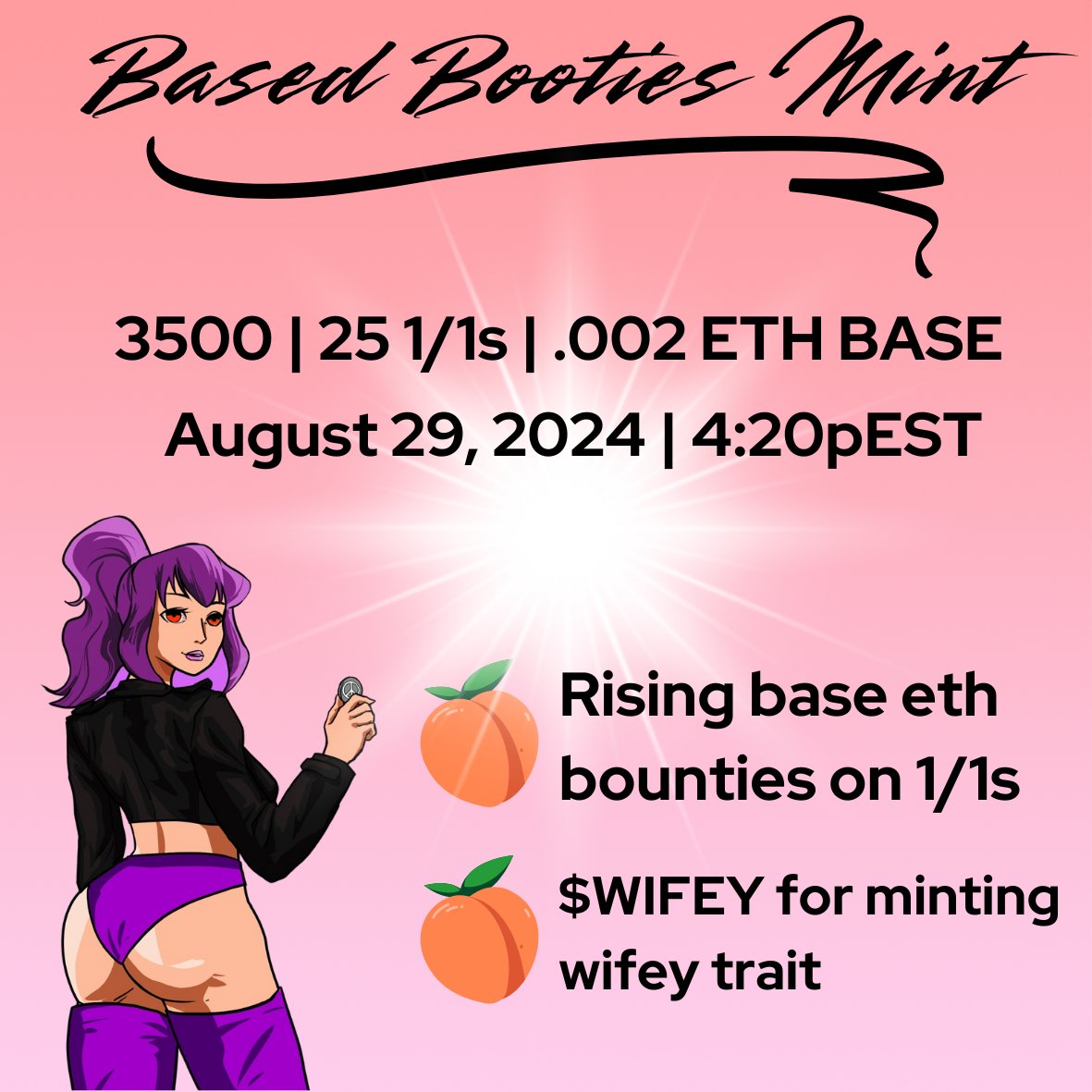 🍑 Mint is live! 🍑

Mint link🔗| launchpad.heymint.xyz/mint/basedboot…

Use only this link and the one in bio ❤️