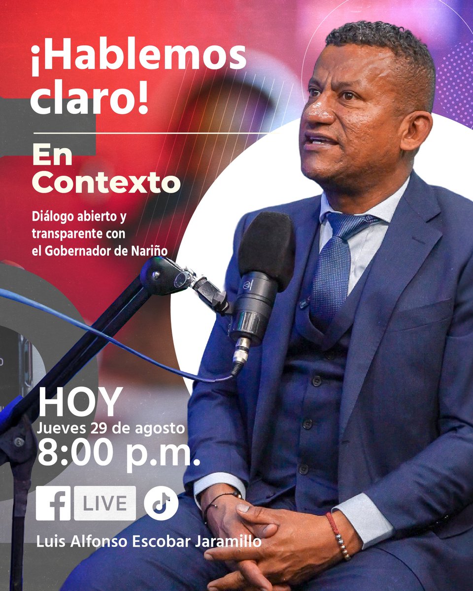 LuisAlfonsoEsc's tweet photo. Nariñenses, este jueves 29 de agosto a las 8:00 p.m., los invito a un Live donde abordaremos de manera directa temas clave de nuestro gobierno. 

Hablaremos sobre la unidad regional, las razones detrás del aplazamiento de la #VueltaANariño, y el respeto que mantenemos hacia los procesos judiciales, mientras seguimos avanzando con transparencia.

Además, les compartiré los logros recientes en infraestructura, salud y transformación territorial, fruto de nuestro trabajo conjunto.

Tengamos un diálogo abierto y transparente. ¡Los espero! 👇🏾