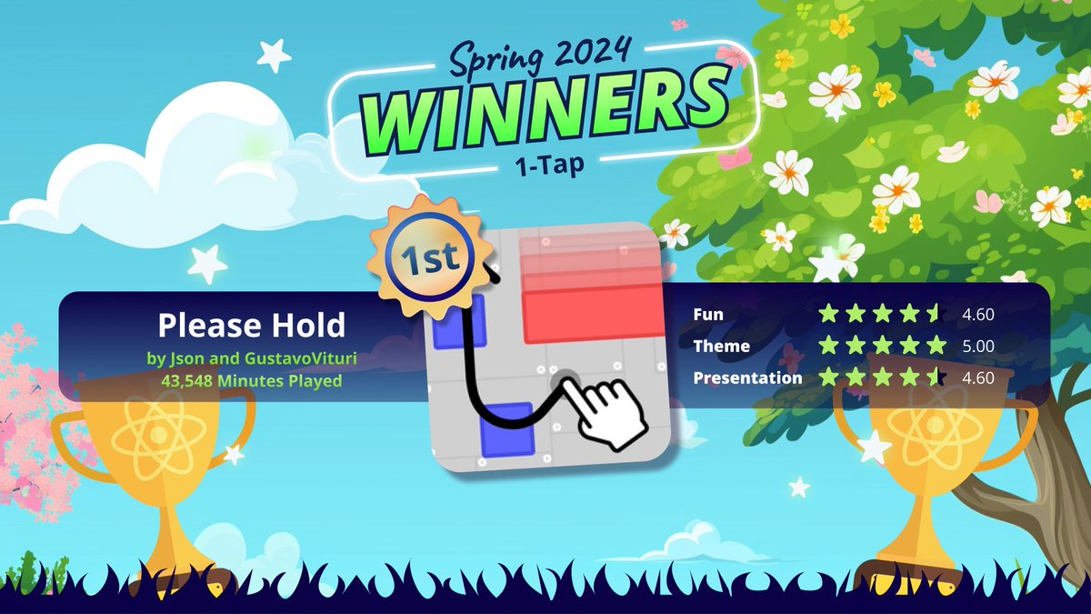 reactgamejam's tweet image. We're gearing up for Fall React Jam 👀🍂 Dates to be announced soon, but first we wanted to celebrate Spring React Jam's champions:
Congrats to Please Hold 🥇1st in Best Game and 3rd in Multiplayer categories @GustavoVituri & @jasonmcleod
 #ReactJam #gamejam