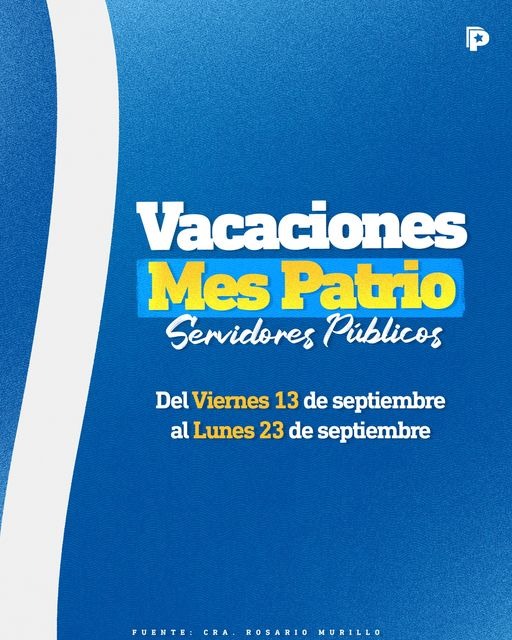 🏖️ Vacaciones de la Semana Patria: Servidores públicos descansarán a partir del viernes 13 y  retornarán el lunes 23 de septiembre, informó la Compañera Rosario Murillo, Vicepresidenta de Nicaragua.

#4519LaPatriaLaRevolución
#Nicaragua 

<a href="/destacar_/">DESTACAR</a>