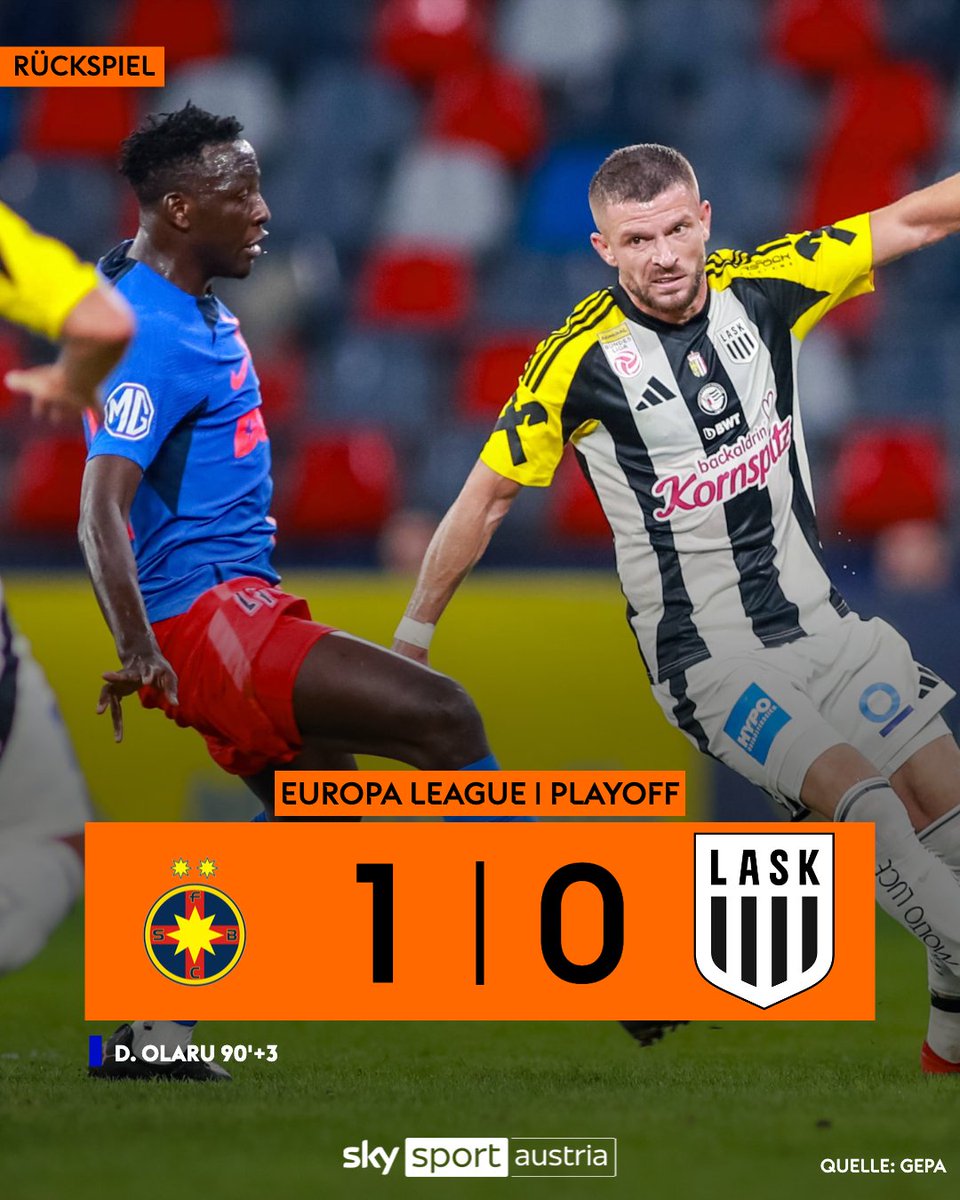 SkySportAustria's tweet photo. Last-Minute-K.o: Der @LASK_Official scheitert spät in Bukarest und spielt damit ab Herbst "nur" in der Conference League! #SkyEL #UEL #FCSBASK #EuropaLeague #Playoff
https://t.co/DysNUxnb1l https://t.co/V7NkZhOhPx