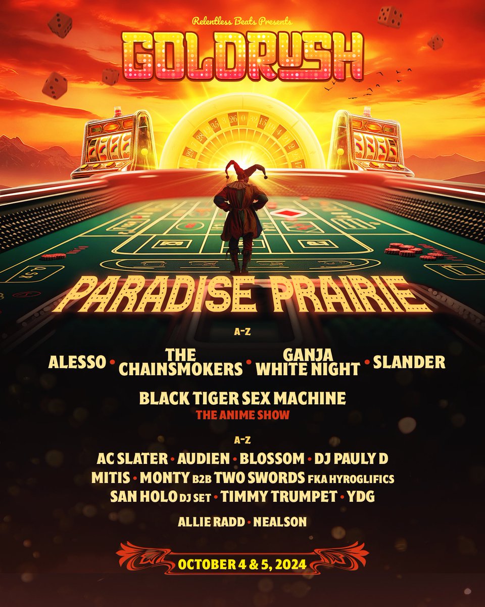 GoldrushFestAZ's tweet photo. In the land of endless horizons, Paradise Prairie is ready to deliver a jackpot of beats 🎰🌅 This lineup is pure gold, and we want you to come dance with us! 

Enter for your chance to win a GA ticket:
1. RT
2. Tag 5 friends + comment ‘YOU ALL IN?’
3. Must follow @GoldrushFestAZ https://t.co/uNIfqIC29m