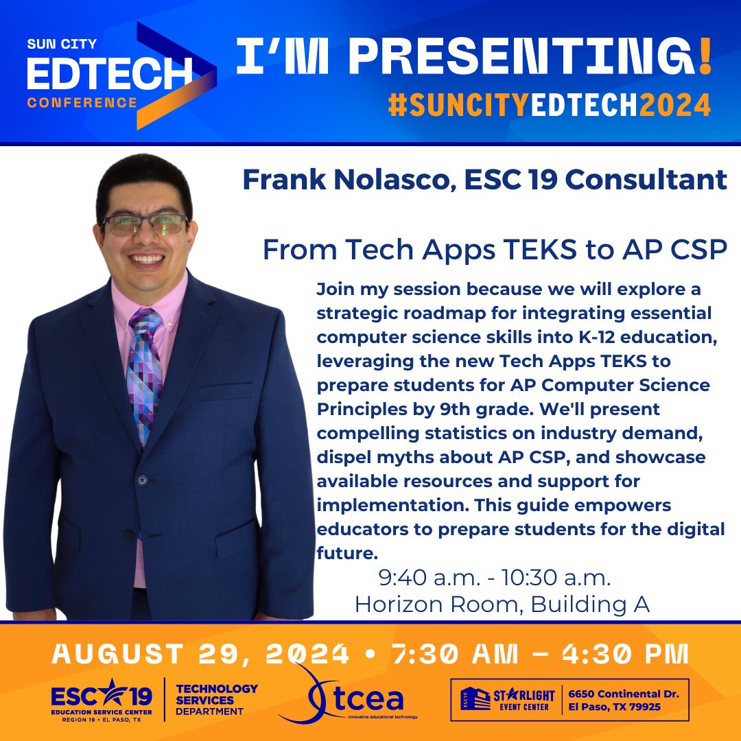 JoseLSilvaSmith's tweet photo. @FrankN_ESC19 Great presentation this morning with Mr. Nolasco @SunCityEdTech2024 about Tech Apps & AP CSP!❤️☺️👌 #TISDProud #TornilloISD #SunCityEdTech2024 #ESCRegion19 https://t.co/WjnMKEAoIQ