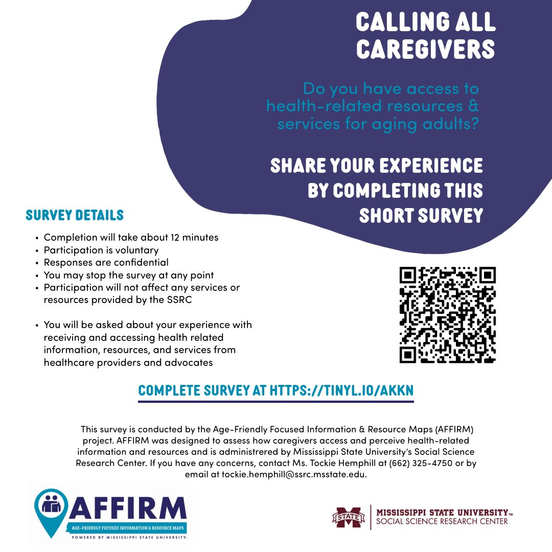 Our AFFIRM project wants to hear from caregivers of aging adults! Follow the link below to share your experience in accessing and using health services! tinyl.io/AkKN