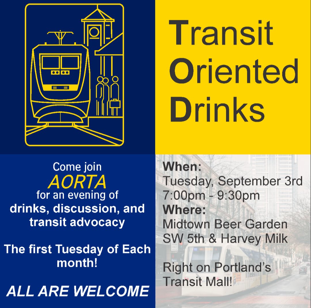 AORTA_Transit's tweet photo. That's right! Another TOD: Transit Oriented Drinks!

September could be the last TOD of the year with warm weather! https://t.co/hPiKHnsvIO