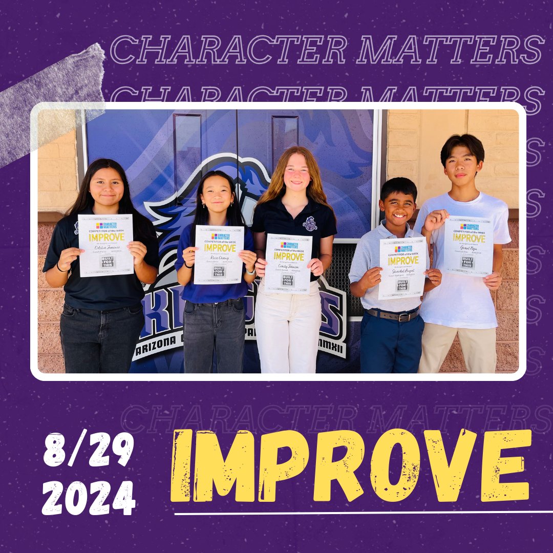 Congratulations to our Character Matters Athletes of the Week! The theme was IMPROVE and these athletes push hard to be better and make progress every week! We’re proud of you, Knights! 💜⚔
#wearechandlerunified @chandlerunified