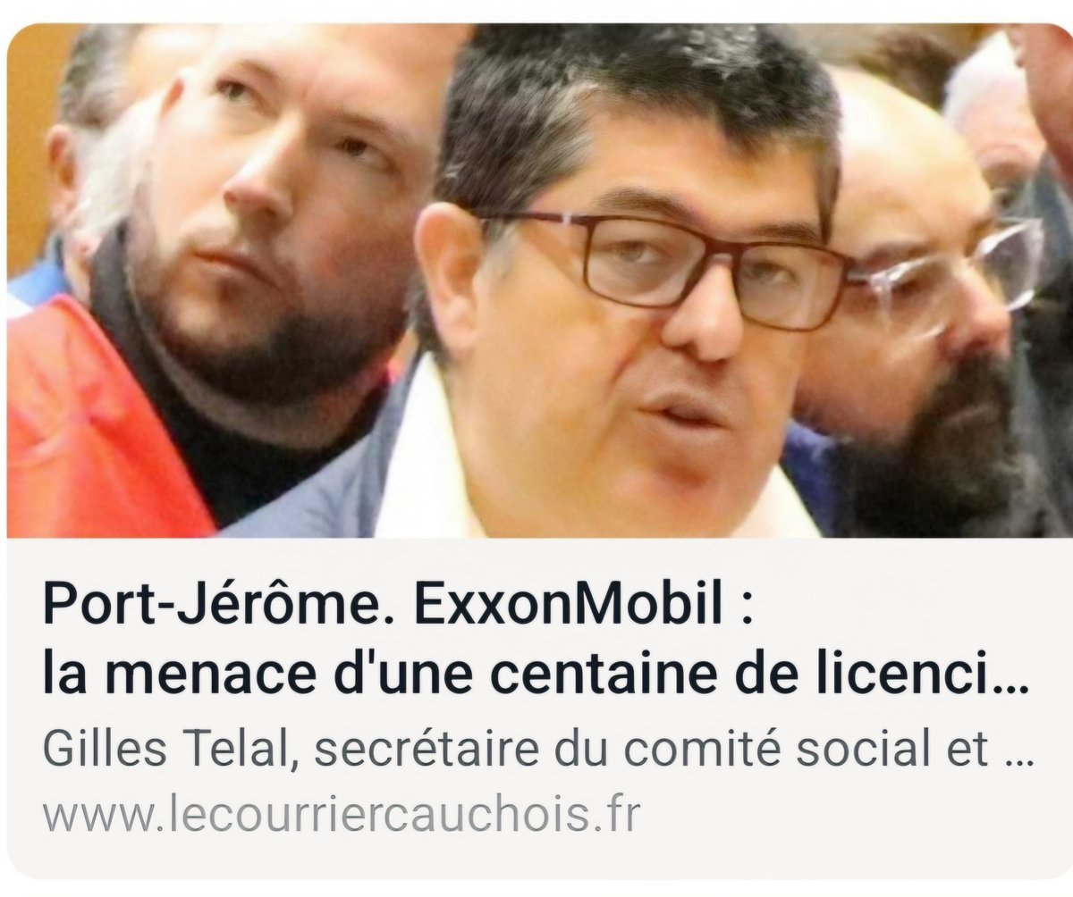 💣Port-Jérôme : <a href="/ExxonMobil_FRA/">ExxonMobil en France</a>  annonce de nouveaux licenciements💣

<a href="/GillesTelal/">Telal Gilles</a>, président de la <a href="/Enermine_CFECGC/">Fédération CFE-CGC ENERMINE</a>, dénonce le projet de la direction d'ExxonMobil de supprimer une centaine de postes supplémentaires.

Cette décision, qui s'ajoute aux licenciements déjà annoncés,