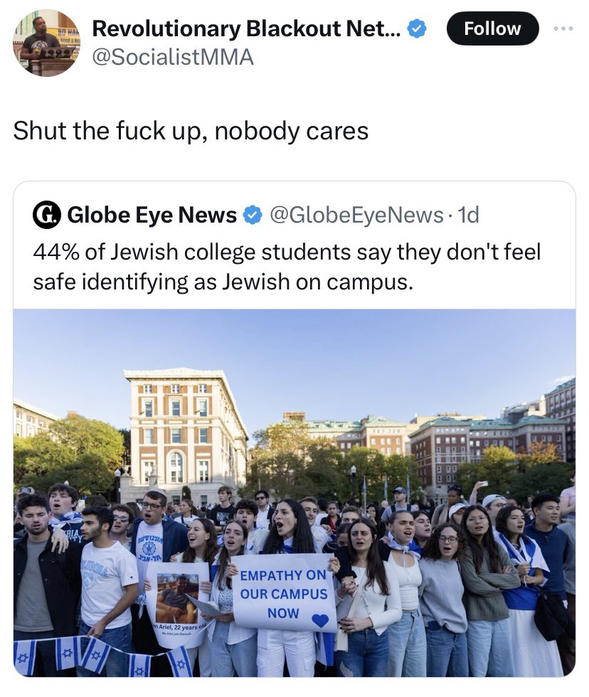 ADL's tweet image. This is how Revolutionary Blackout Network, a popular socialist activist group led by Nick Cruse, responded to a headline that says 44% of Jewish college students don't feel safe identifying as Jewish on campus. 

Such lack of empathy and outright hostility is plain antisemitism.