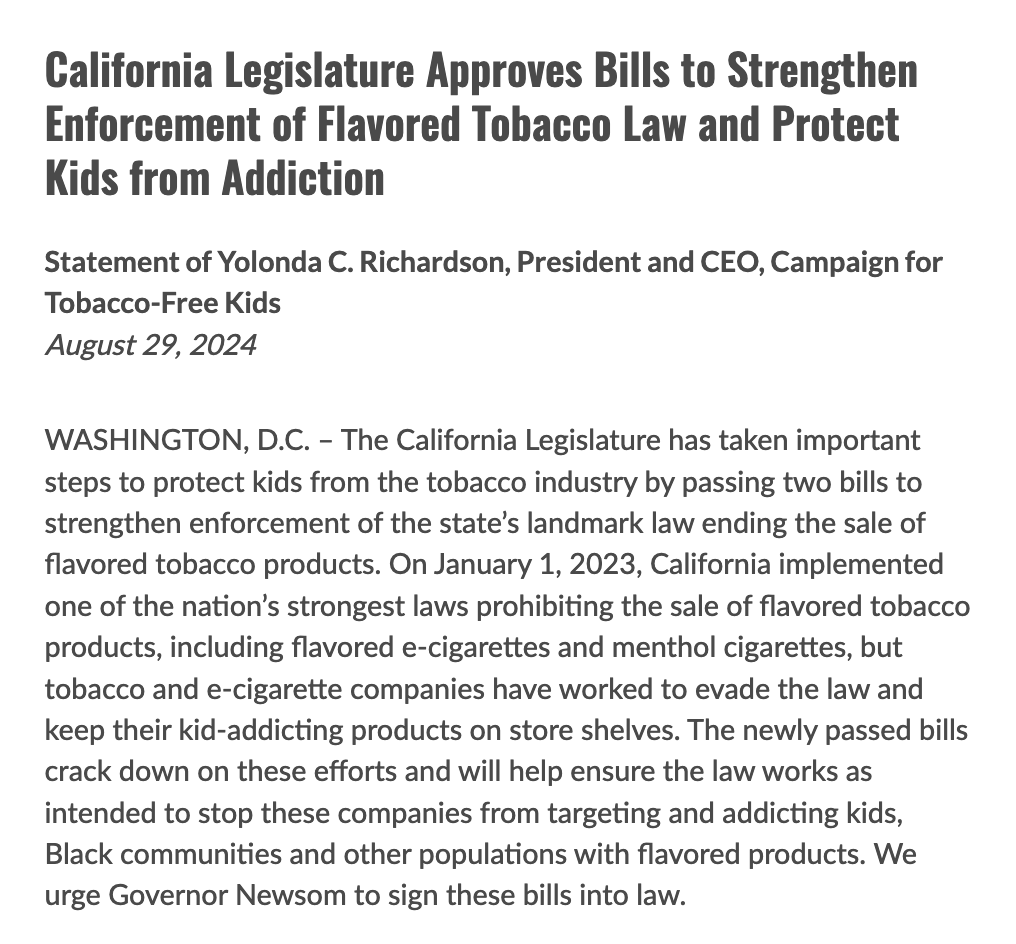 After California overwhelmingly voted to end the sale of flavored tobacco products, the tobacco industry wasted no time in working to evade the law.

Now, the #CAleg passed bills strengthening enforcement to remove these kid-addicting products from store shelves. 

We urge Gov.