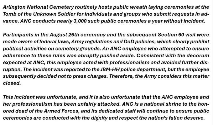 What happened at Arlington?

is a U.S. Army statement on the incident at Arlington National Cemetery on Monday where an employee of the cemetery was "abruptly pushed aside" by a Trump campaign staffer. Fox has confirmed this with multiple U.S. Army sources that the incident did