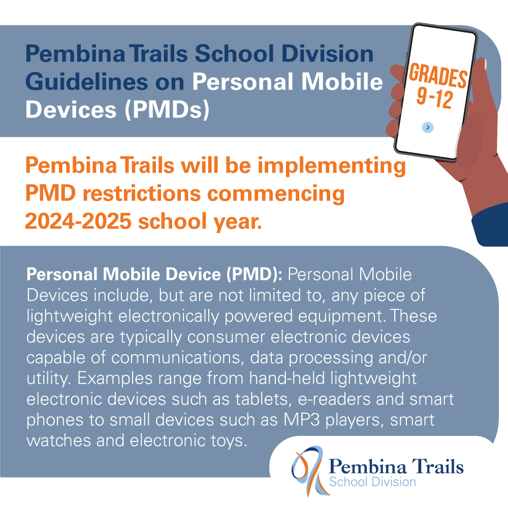 PembinaTrails's tweet photo. Attention @PembinaTrails families with children in grades 9-12. As per the directive from the province, we have new guidelines about cell phones and other PMDs in our classrooms.

More details can be found here: https://t.co/7ZXdkXv9jL

#AccomplishAnything #PembinaTrailsProud https://t.co/Jigfg2vRTI