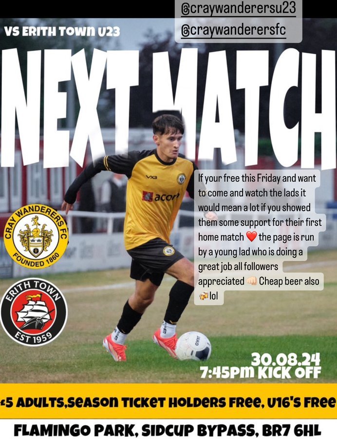 Cray Wanderers FC (@officialwands) on Twitter photo A note for <a href="/OfficialWands/">Cray Wanderers FC</a>
supporters that the U23s are in <a href="/SCEFLeague/">Presence & Co. SCEFL League</a>
Development League West action on Friday 30th August for the first home league game with <a href="/ErithTown/">Erith Town FC</a> U23s
the vistors. Kick off 7.45 pm. £5 admission with free entry for season ticket holders/U16s. A note for <a href="/OfficialWands/">Cray Wanderers FC</a>
supporters that the U23s are in <a href="/SCEFLeague/">Presence & Co. SCEFL League</a>
Development League West action on Friday 30th August for the first home league game with <a href="/ErithTown/">Erith Town FC</a> U23s
the vistors. Kick off 7.45 pm. £5 admission with free entry for season ticket holders/U16s.