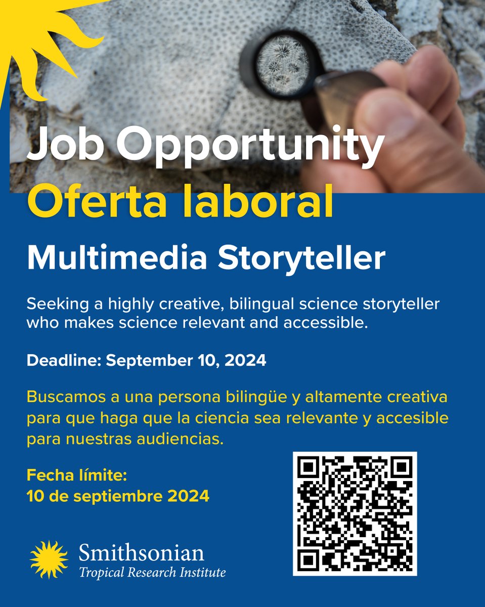✍️ #STRI is seeking a highly creative, bilingual Multimedia Storyteller who makes science relevant and accessible.  
/
✍️ #STRI busca a una persona bilingüe para el puesto de Multimedia Storyteller que haga que la ciencia sea relevante y accesible.

s.si.edu/3T6W2H6