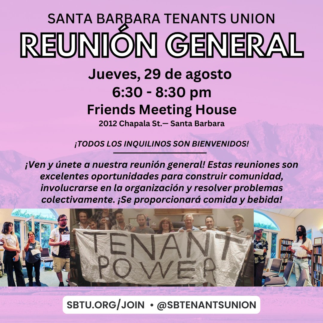 Monthly General Meeting is tonight!

⌚ 6:30 - 8:30pm
📍2012 Chapala in SB
Food, Spanish interpretation, and tenant power provided!

¡Nuestra Reunión General esta noche!

⌚ 6:30 - 8:30 pm
📍2012 Chapala en SB
¡Habrá comida, interpretación al español y poder de los inquilinos!