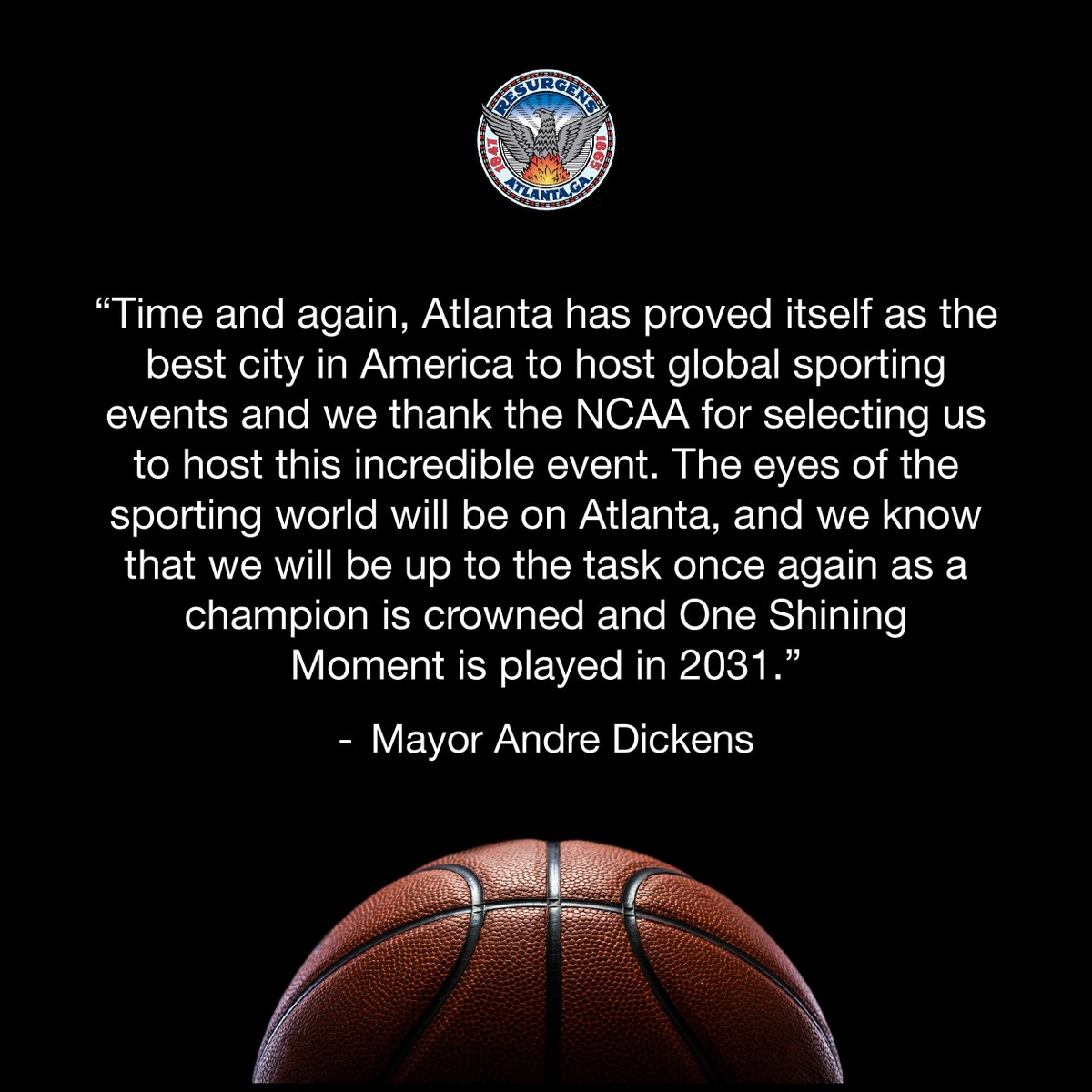 Atlanta has been selected to host the 2031 NCAA Division I Men’s Final Four at Mercedes-Benz Stadium!!!

"Time and again, Atlanta has proved itself as the best city in America to host global sporting events. We thank the NCAA for selecting us to host this incredible event. The