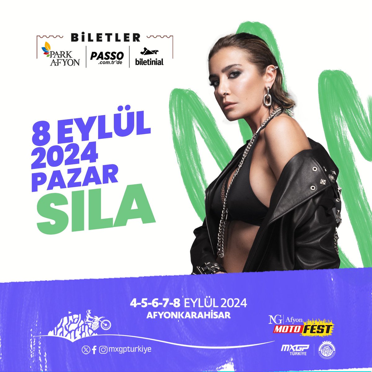 🎤✨ Sıla, NG Afyon Motofest’te Sahne Alıyor! 🎶 8 Eylül Pazar Günü, Sıla’nın Etkileyici Sesi Ve Unutulmaz Şarkılarıyla Müziğe Doyacaksınız! Sıla’nın Sahne Performansı İle Müziğin En Güzel Hâline Tanık Olmaya Hazır Mısınız? 🌟🎵

📅 4-8 Eylül 2024
📍Afyon Motor Sporları Merkezi