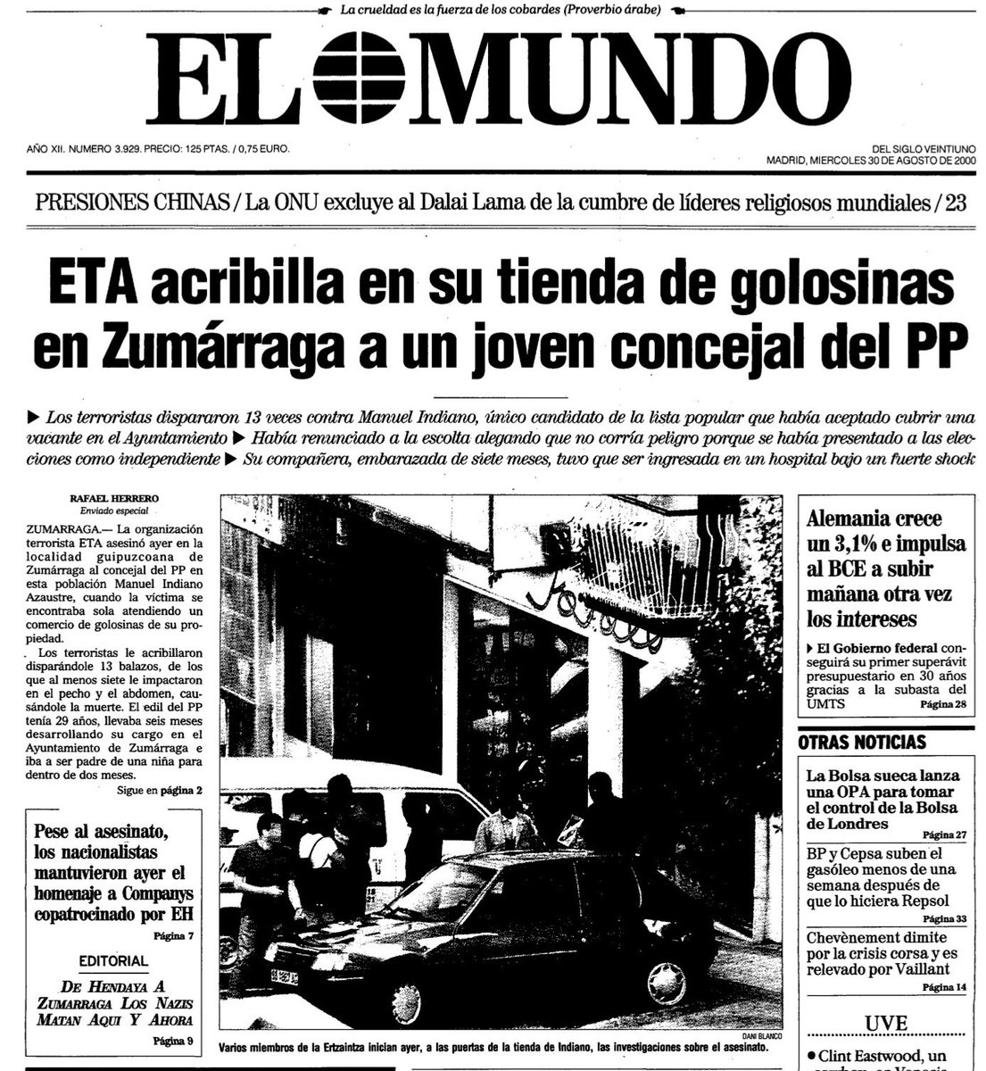 GuajeSalvaje's tweet photo. Hoy hace 24 años ETA asesinó al joven concejal del PP en Zumárraga Manuel Indiano Azaustre.

Su mujer estaba embarazada de 7 meses.

Esta es la Memoria Histórica que el PSOE no quiere recordar y pretende tapar porque los asesinos son socios de su Gobierno.

Ni olvido ni perdón. https://t.co/5u9qTt4nK3