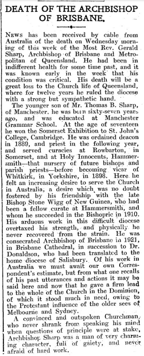 AustAnglican's tweet photo. 30 August 1933: death of the Most Revd Gerald Sharp, aged 67. He had served as Archbishop of Brisbane for 12 years; before that, Bishop of New Guinea 1910-1921. #anglican #91years At the time he died, he was also Acting Primate of Australia. https://t.co/pydghaS4QQ