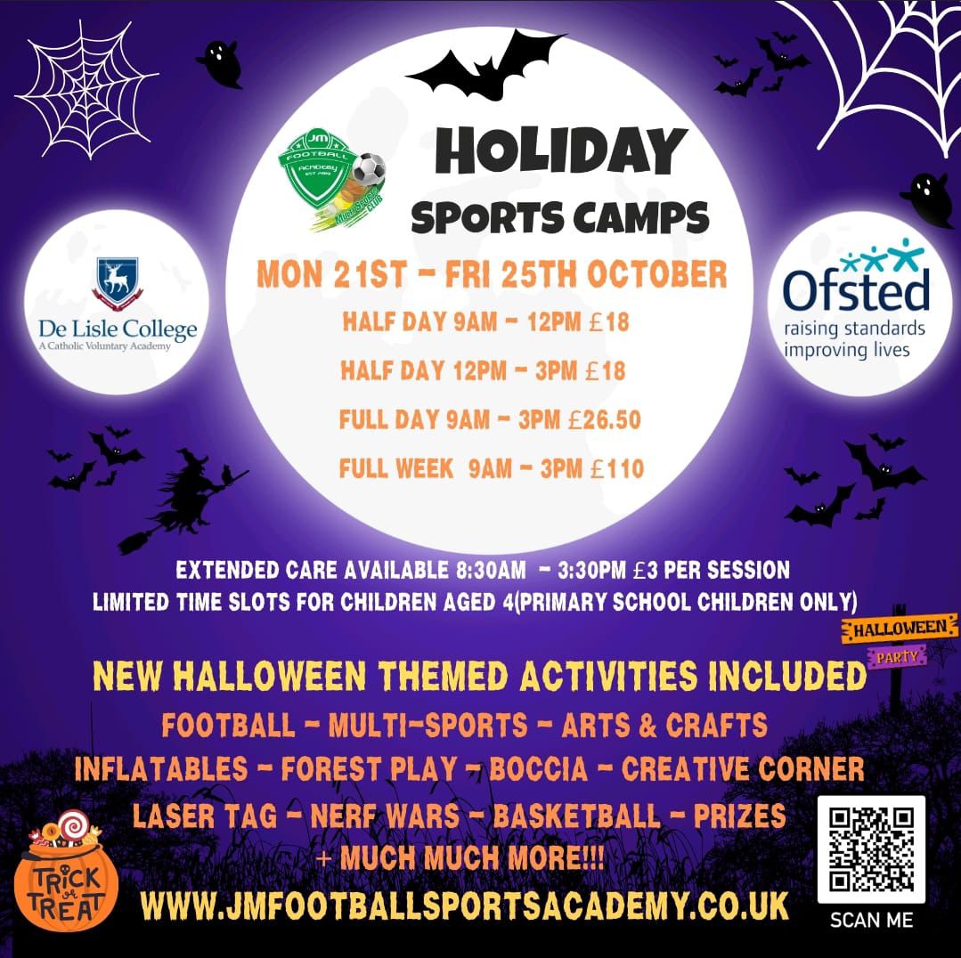👻🕷OCTOBER CAMP BOOKINGS NOW LIVE👻🎃

There's no KIDS holiday camp like ours! We don't promise you a good time we GUARANTEE IT!!!

Contact us today for more information.

👤John Mitchell 
📧JMfootballacademy@outlook.com 
☎️07941427082
🤳Scan our posters QR code