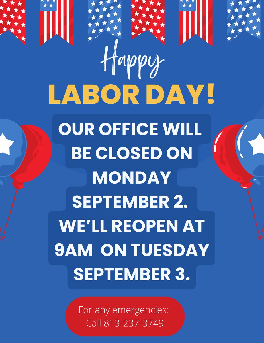 In observance of Labor Day, our office will be closed on Monday September 2nd. We'll reopen on Tuesday September 3rd at 9 AM! For any emergencies, call 813-237-3749 and select the option for emergencies. Have a great weekend!

#rampartnersllc #thelegacyapts #laborday