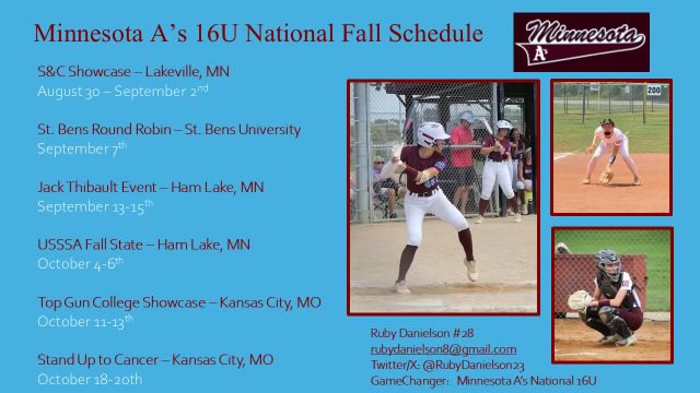 Ruby Danielson (@rubydanielson23) on Twitter photo Here is my 2024 Fall schedule which starts this weekend. Cannot wait to get back on the field with my teammates.
Let’s go! <a href="/mnvortexandas/">Minnesota Vortex/A’s Fastpitch Organization</a>
<a href="/mavsbcoach/">Lori Meyer</a> <a href="/KristleWolcott/">Kristle Wolcott</a> <a href="/MinnStSoftball/">MSU Softball</a> <a href="/AugieSoftball/">Augustana Softball</a> <a href="/SMSUSoftball/">SMSU Softball</a> <a href="/OmahaSB/">Omaha Softball</a> <a href="/UNISoftball/">UNI Softball</a> <a href="/BSUBeaversSB/">Bemidji State Softball</a> <a href="/TommieSoftball/">St. Thomas Softball</a> Here is my 2024 Fall schedule which starts this weekend. Cannot wait to get back on the field with my teammates.
Let’s go! <a href="/mnvortexandas/">Minnesota Vortex/A’s Fastpitch Organization</a>
<a href="/mavsbcoach/">Lori Meyer</a> <a href="/KristleWolcott/">Kristle Wolcott</a> <a href="/MinnStSoftball/">MSU Softball</a> <a href="/AugieSoftball/">Augustana Softball</a> <a href="/SMSUSoftball/">SMSU Softball</a> <a href="/OmahaSB/">Omaha Softball</a> <a href="/UNISoftball/">UNI Softball</a> <a href="/BSUBeaversSB/">Bemidji State Softball</a> <a href="/TommieSoftball/">St. Thomas Softball</a>