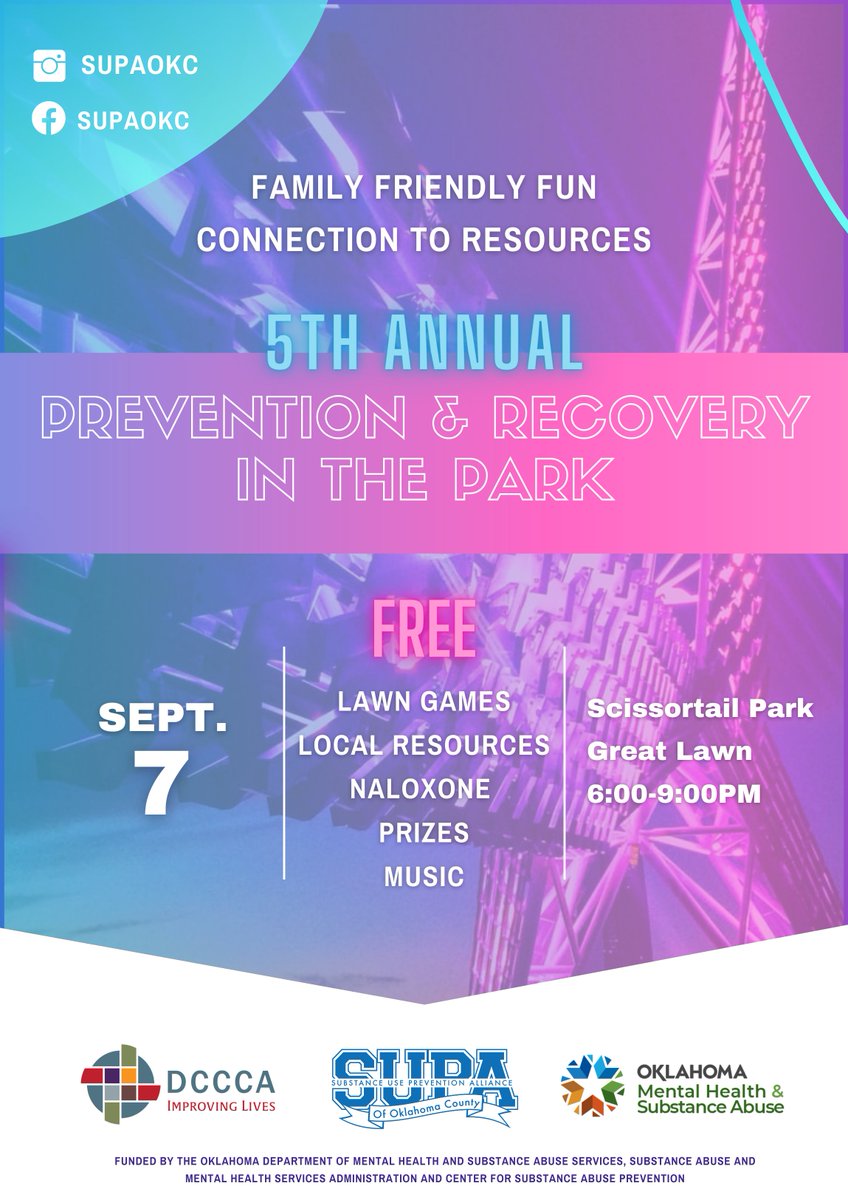 DCCCA (@dcccainc) on Twitter photo We invite you to the 5th Annual Prevention & Recovery in the Park next Saturday at Scissortail Park in Oklahoma City. <a href="/ODMHSASINFO/">OK Dept. Mental Health & Substance Abuse Services</a> <a href="/supaokc1/">SUPAOKC</a>
Date: Sept. 7
When: 6 p.m. - 9 p.m.
Where: Scissortail Park
For more details, please visit: dccca.org/preventionandr⦠We invite you to the 5th Annual Prevention & Recovery in the Park next Saturday at Scissortail Park in Oklahoma City. <a href="/ODMHSASINFO/">OK Dept. Mental Health & Substance Abuse Services</a> <a href="/supaokc1/">SUPAOKC</a>
Date: Sept. 7
When: 6 p.m. - 9 p.m.
Where: Scissortail Park
For more details, please visit: dccca.org/preventionandrβ¦