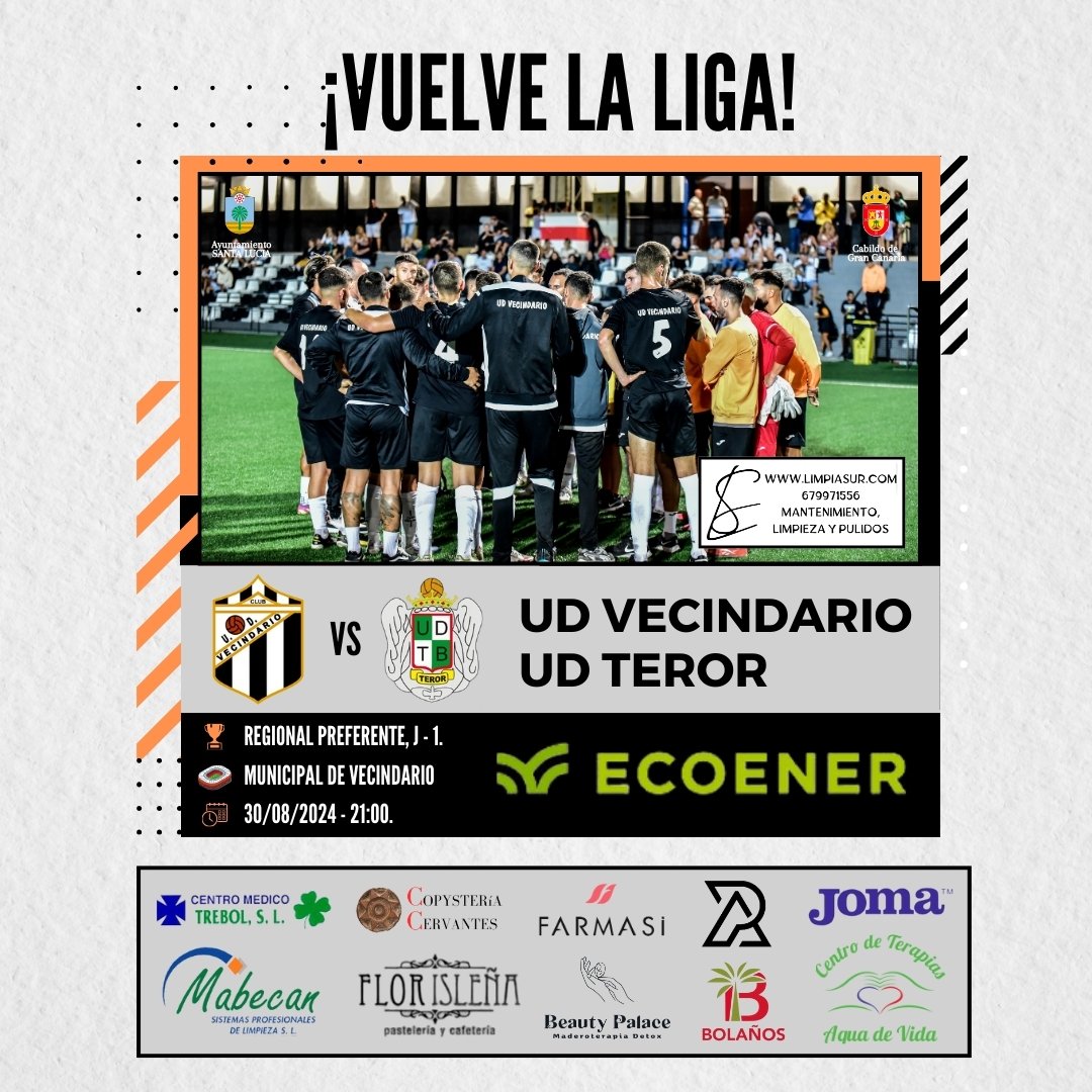 𝐔𝐧𝐢ó𝐧 𝐃𝐞𝐩𝐨𝐫𝐭𝐢𝐯𝐚 𝐕𝐞𝐜𝐢𝐧𝐝𝐚𝐫𝐢𝐨. (@laudvecindario) on Twitter photo ¡𝐕𝐔𝐄𝐋𝐕𝐄 𝐋𝐀 𝐋𝐈𝐆𝐀! 🔥
➡️ El primer equipo recibirá en la Regional Preferente de la 24/25 a la <a href="/udteror/">UD Teror Balompié</a>.
🙌 𝘼𝙁𝙄𝘾𝙄Ó𝙉 te esperamos, mañana a las 21:00 en nuestro Coliseo, el Municipal de Vecindario.
#𝑨𝒑𝒖𝒆𝒔𝒕𝒂𝑻𝒐𝒅𝒐𝑨𝒍𝑩𝒍𝒂𝒏𝒒𝒖𝒊𝒏𝒆𝒈𝒓𝒐🤍🖤 ¡𝐕𝐔𝐄𝐋𝐕𝐄 𝐋𝐀 𝐋𝐈𝐆𝐀! 🔥
➡️ El primer equipo recibirá en la Regional Preferente de la 24/25 a la <a href="/udteror/">UD Teror Balompié</a>.
🙌 𝘼𝙁𝙄𝘾𝙄Ó𝙉 te esperamos, mañana a las 21:00 en nuestro Coliseo, el Municipal de Vecindario.
#𝑨𝒑𝒖𝒆𝒔𝒕𝒂𝑻𝒐𝒅𝒐𝑨𝒍𝑩𝒍𝒂𝒏𝒒𝒖𝒊𝒏𝒆𝒈𝒓𝒐🤍🖤