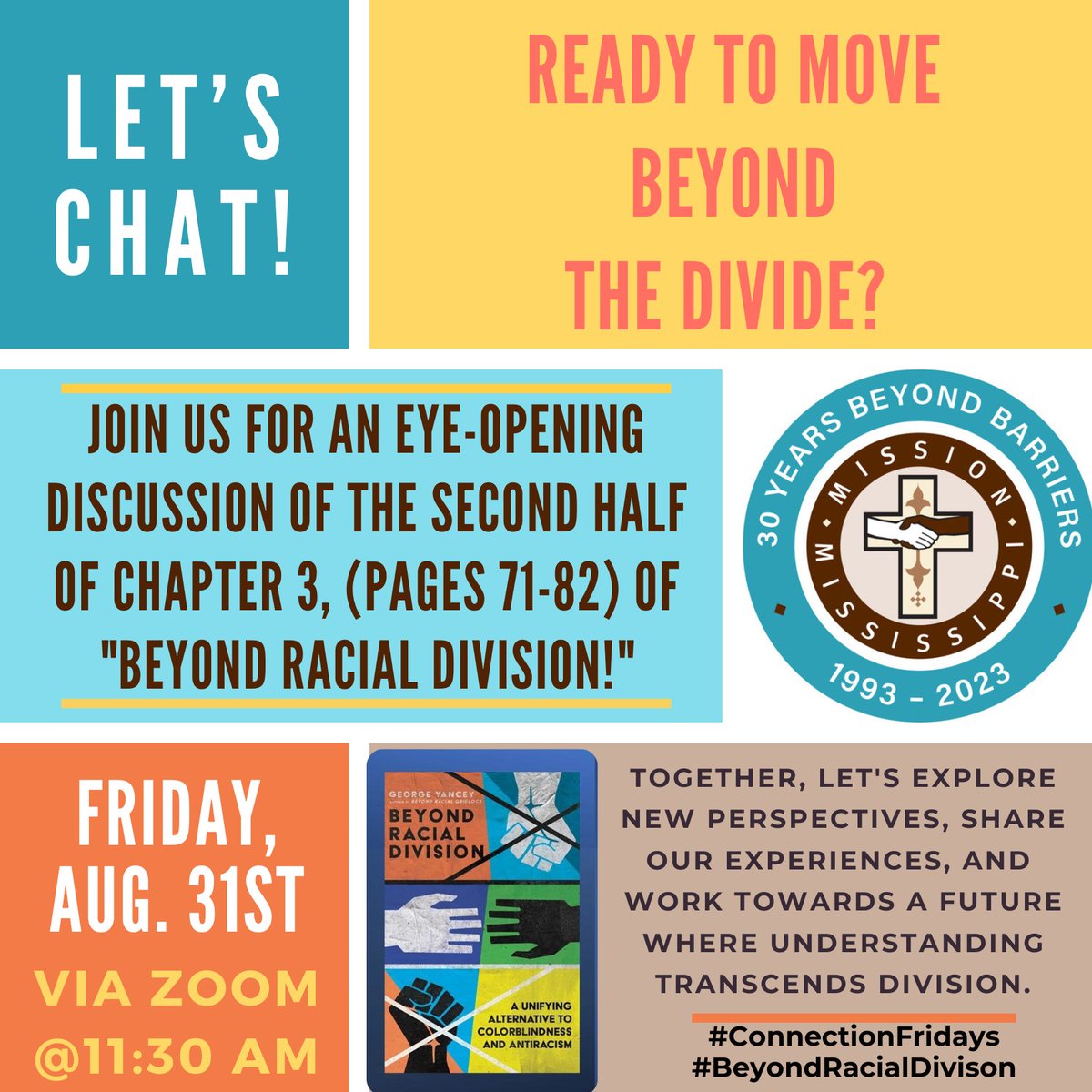 Join Us Tomorrow at 11:30 am for Connection Friday!!

Zoom Details Below:

Click the link to join: us02web.zoom.us/j/922746759
Meeting ID: 922 746 759
Call-In Numbers: (312) 626 6799

#ConnectionFriday #missionmississippi
#beyondracialdivison #unity #liveitout