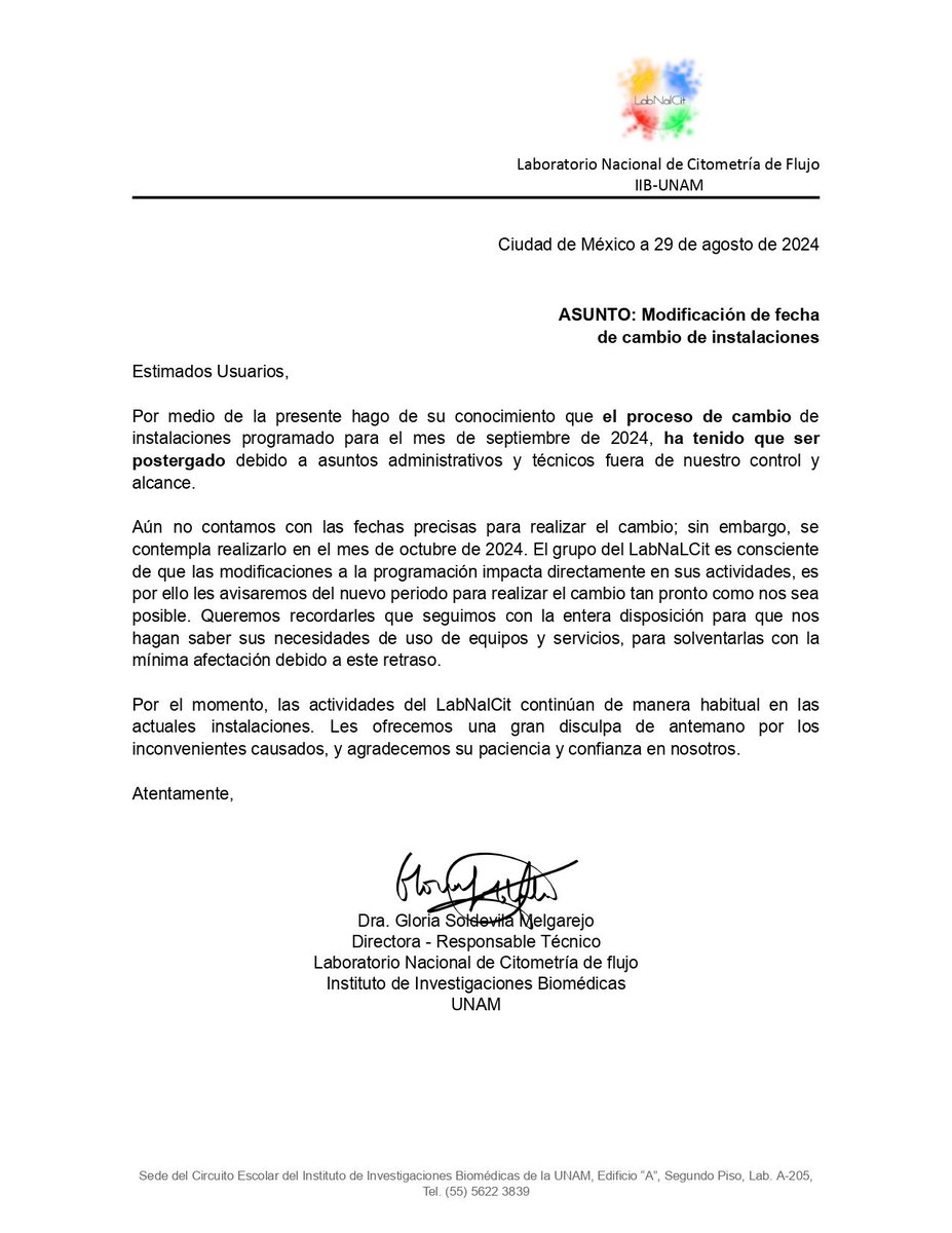📌 AVISO IMPORTANTE
Por causas ajenas al LabNalCit se reprograma nuestra mudanza a las nuevas instalaciones, mantenganse atentos de nuestros canales de comunicación.
