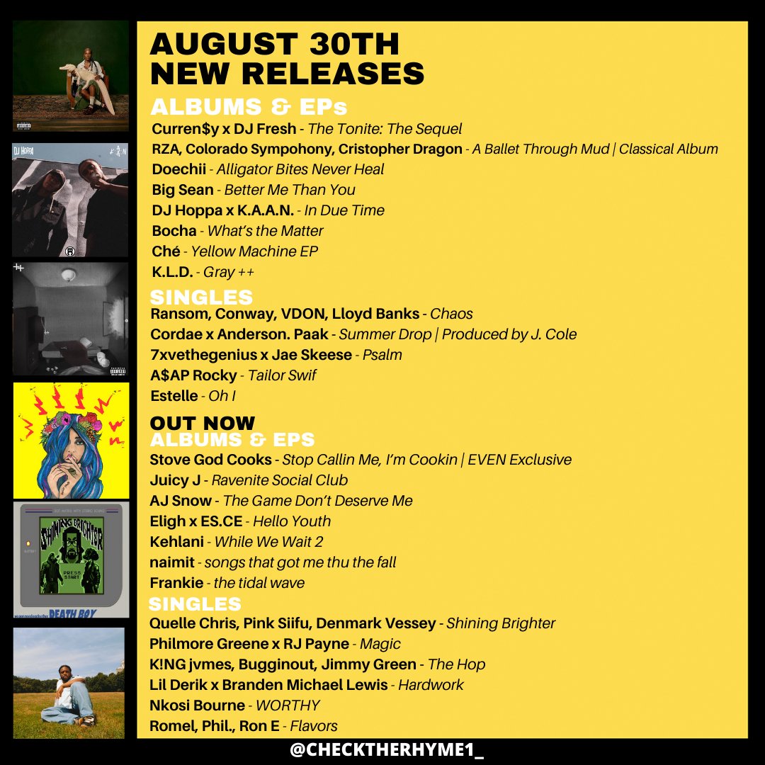 This week's new drops

Ransom, Conway, VDON, Lloyd Banks
Curren$y x DJ Fresh
Stove God
Cordae x Anderson. Paak
Quelle Chris, Pink Siifu, Denmark Vessey
7xvethegenius x Jae Skeese
Philmore Greene x RJ Payne
DJ Hoppa x K.A.A.N.
AJ Snow
Bocha
K!NG jvmes, Bugginout, Jimmy Green
+more