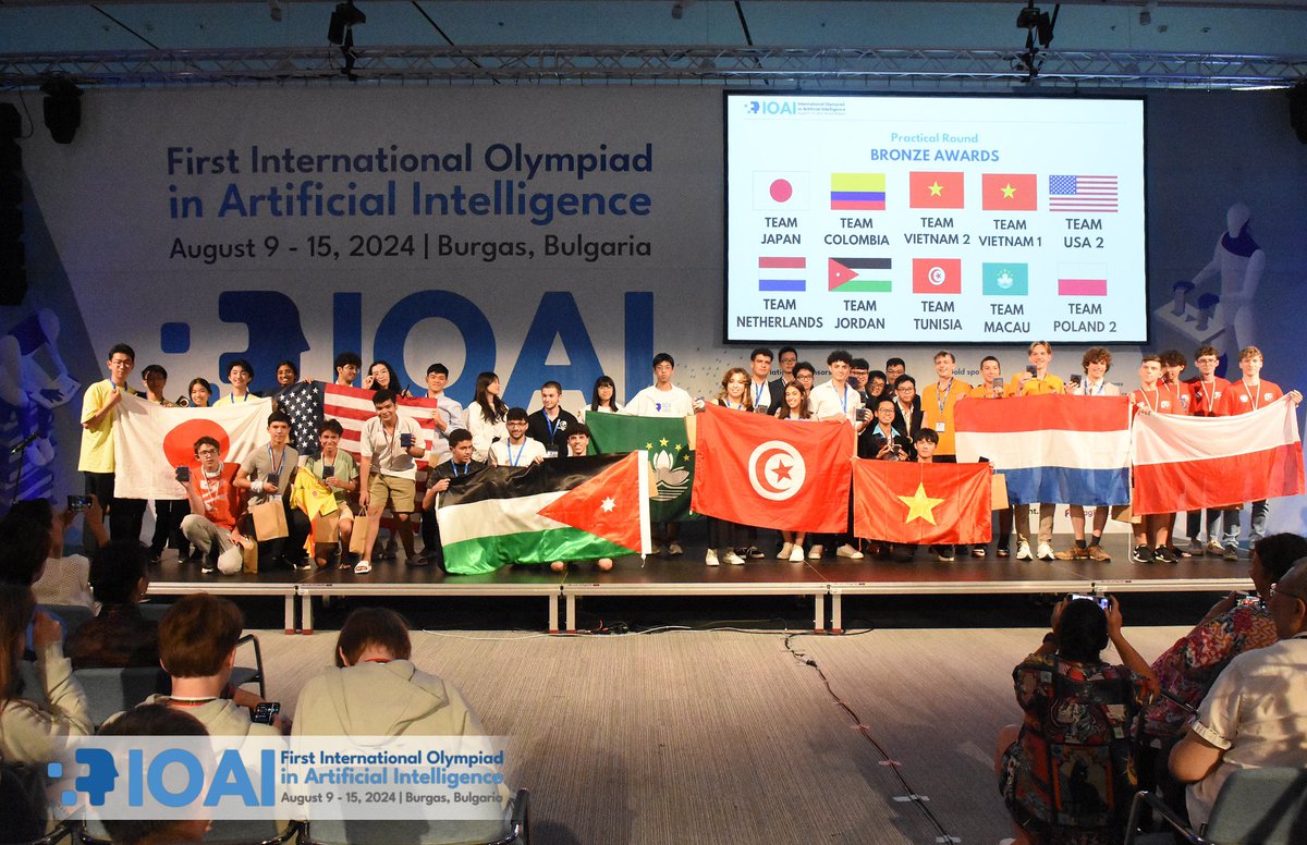 International Olympiad in Artificial Intelligence (@ioaiofficial) on Twitter photo Practical Round bronze awards!๐ฅ
10 teams received bronze awards from the Practical round of IOAI 2024, including:
Netherlands ๐ณ๐ฑ
Jordan ๐ฏ๐ด
Tunisia ๐น๐ณ
Macau ๐ฒ๐ด
Poland 2 ๐ต๐ฑ
Japan ๐ฏ๐ต
Colombia ๐จ๐ด
Vietnam 2 ๐ป๐ณ
Vietnam 1 ๐ป๐ณ
USA 2 ๐บ๐ธ
Congratulations to all winners! Practical Round bronze awards!๐ฅ
10 teams received bronze awards from the Practical round of IOAI 2024, including:
Netherlands ๐ณ๐ฑ
Jordan ๐ฏ๐ด
Tunisia ๐น๐ณ
Macau ๐ฒ๐ด
Poland 2 ๐ต๐ฑ
Japan ๐ฏ๐ต
Colombia ๐จ๐ด
Vietnam 2 ๐ป๐ณ
Vietnam 1 ๐ป๐ณ
USA 2 ๐บ๐ธ
Congratulations to all winners!