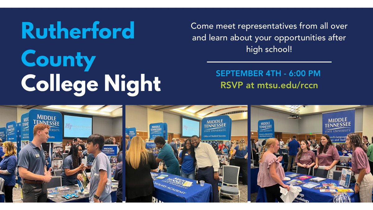 Rutherford County College Night is coming up soon at #mtsu !! Meet with representatives from various institutions to learn more about your opportunities after graduation. To see which colleges will be there and to register for this event, go to MTSU.edu/rccn!