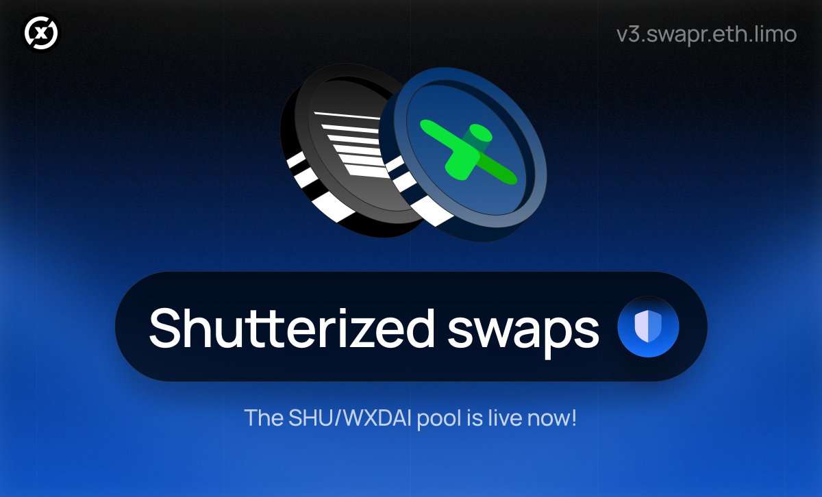 Swapr_dapp's tweet photo. SHUTTERIZED SWAPS
With Shutter Network deployed on Gnosis, now you can enjoy shutterized swaps and forget about getting sandwiched π₯ͺ β
Try it now with the new SHU/WXDAI poolβ β β https://t.co/aOi50dQ3Nl