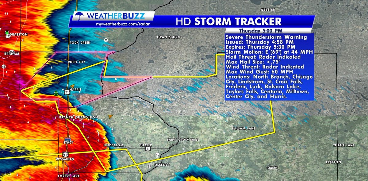 myweatherbuzz's tweet photo. MPX issues Severe Thunderstorm Warning [wind: 60 MPH (RADAR INDICATED), hail: <.75 IN (RADAR INDICATED)] for Chisago [MN] and Polk [WI] till 5:30 PM CDT

Live Radar: https://t.co/aBAXfQCbJP
Local Alerts: https://t.co/BeeZIvsL0L

#mnwx #weatherbuzz https://t.co/QW6hmhWSYV