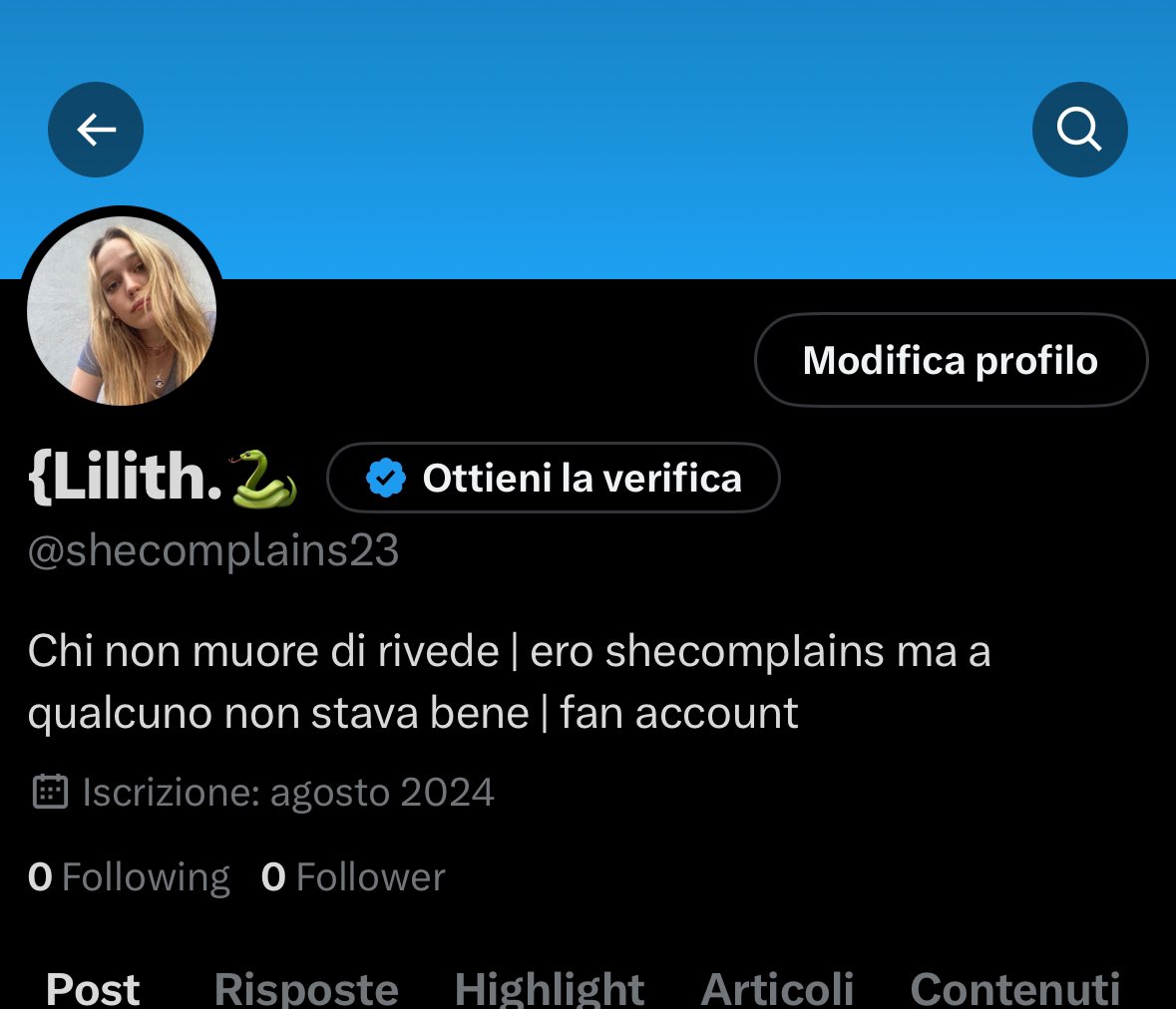Questo è il nuovo account di Lilith <a href="/shecomplains23/">{Lilith.🐍</a> 
l'altro è saltato per motivi ignoti (chiunque sia stato ti auguro di cadere in un tombino aperto 🤗) 

Aiutatela a ritrovare i suoi moots